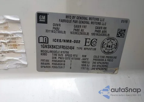 2015 Chevrolet Tahoe Lt from USA, damaged, VIN 1GNSKBKC3FR592494